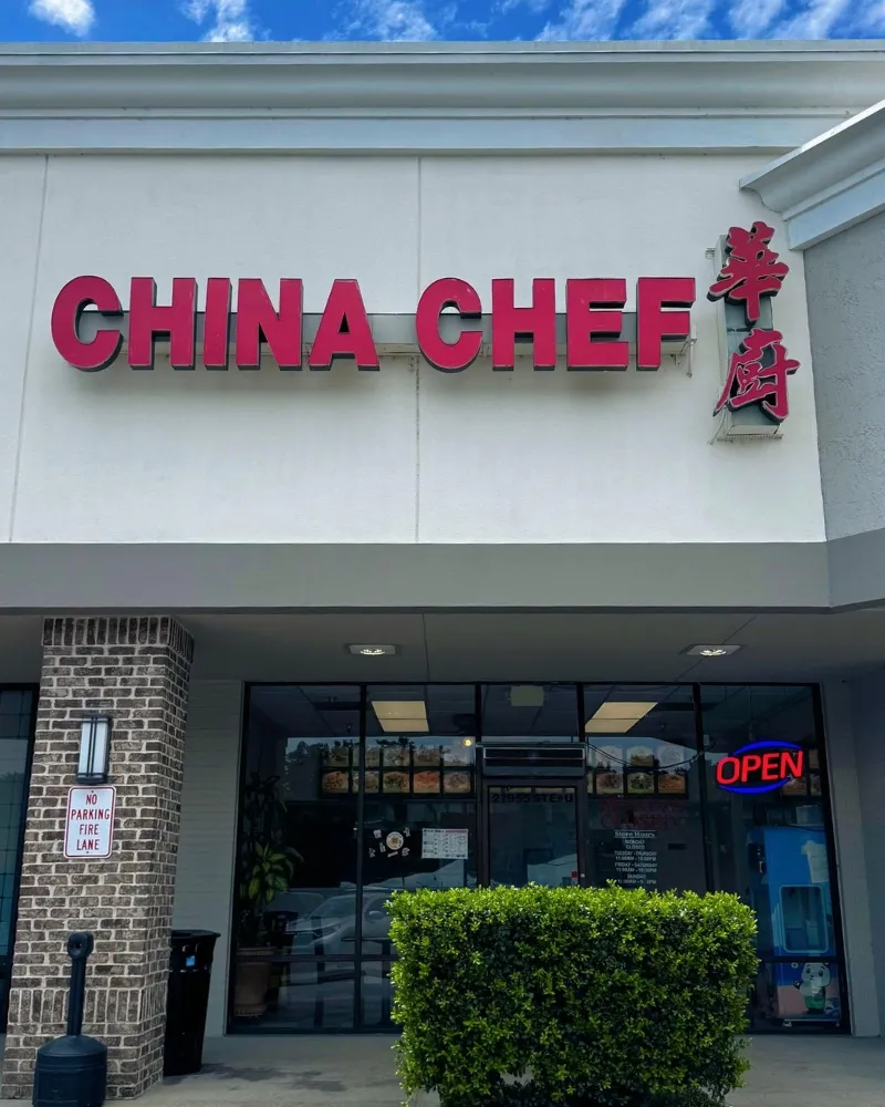Exterior facade of China Chef storefront with red signage at China Chef Restaurant, a Chinese Restaurant in Daphne